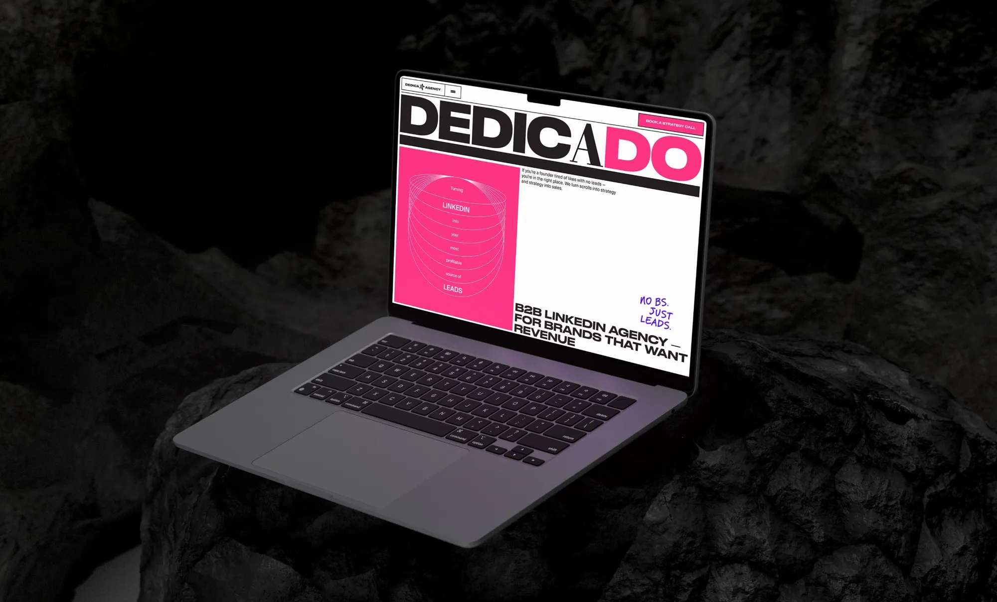 Laptop on black rock showing the Dedicado homepage: the DEDICADO wordmark, a pink panel and “B2B LinkedIn agency — for brands that want revenue”